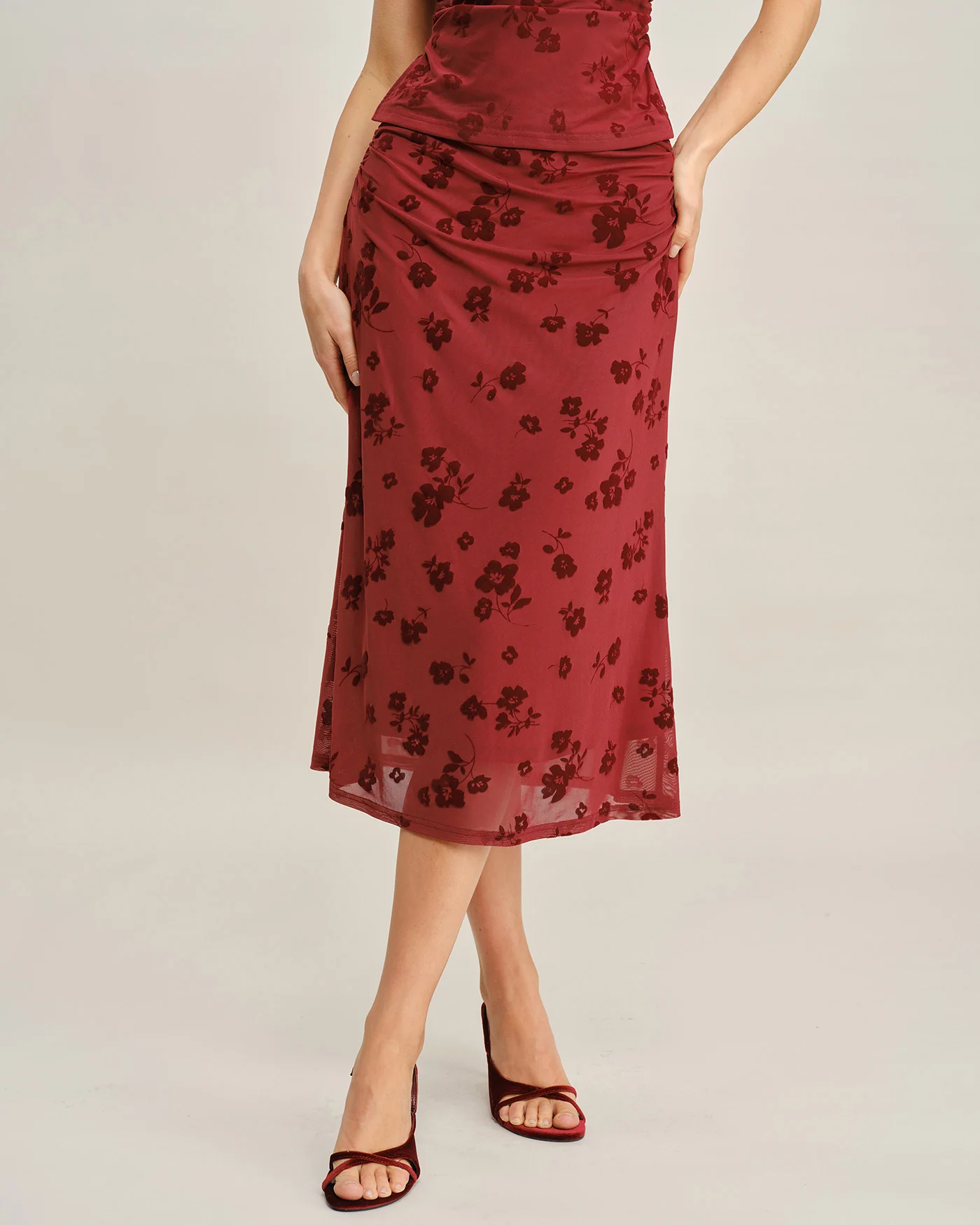 Red Floral Mermaid Midi Skirt - Image 2
