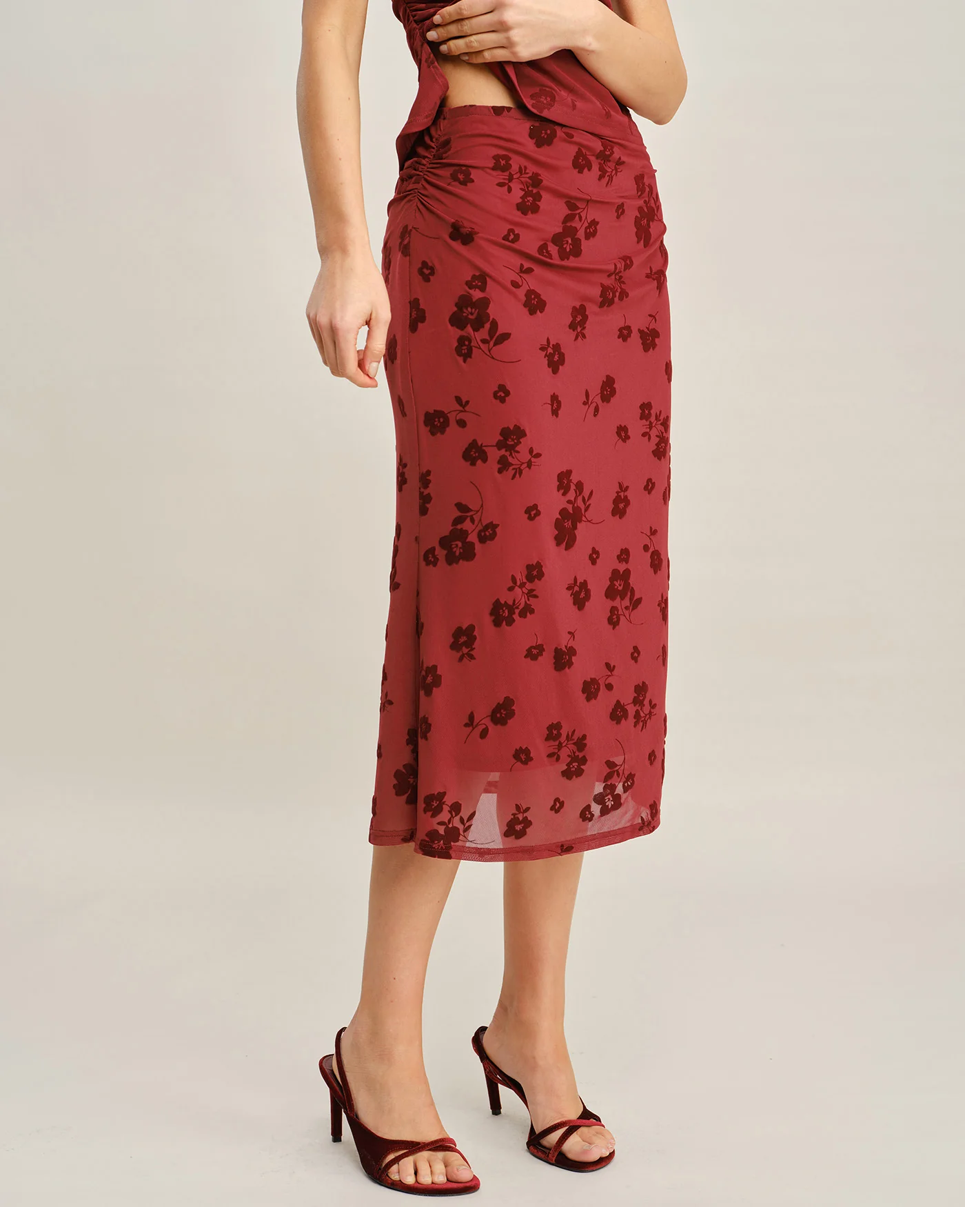 Red Floral Mermaid Midi Skirt - Image 3