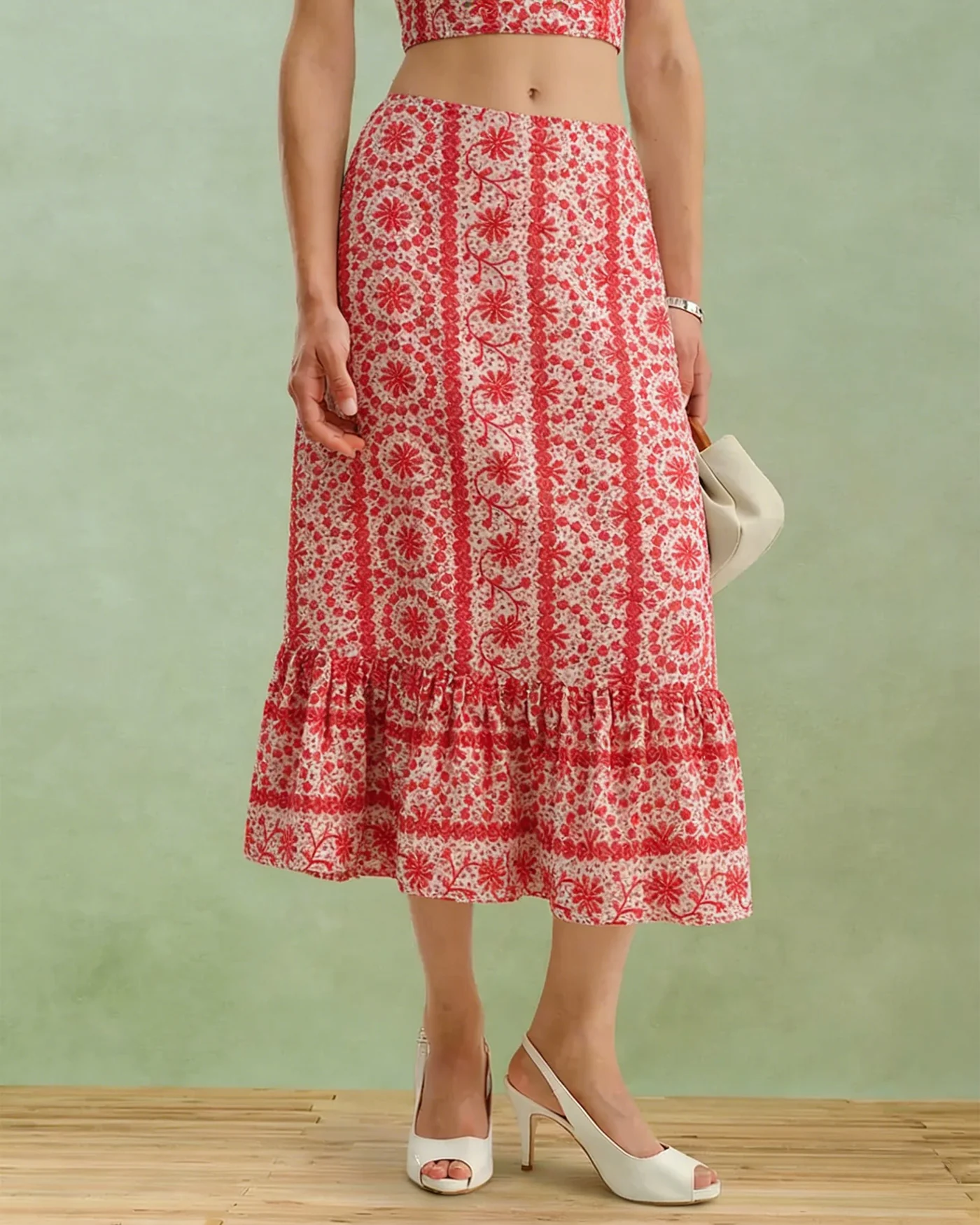 Red Floral Ruched Midi Skirt - Image 2