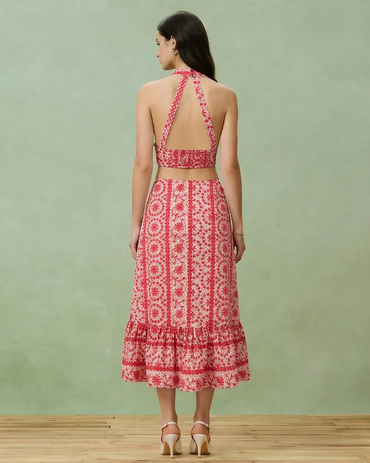 Red Floral Ruched Midi Skirt - Image 3