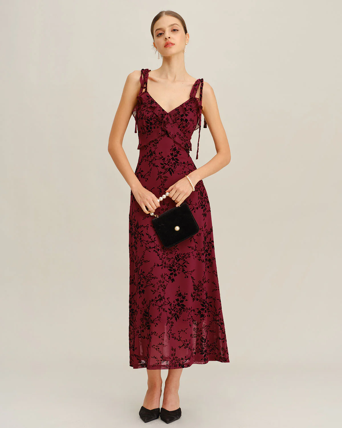 Red Floral Ruffle Slip Midi Dress - Image 4