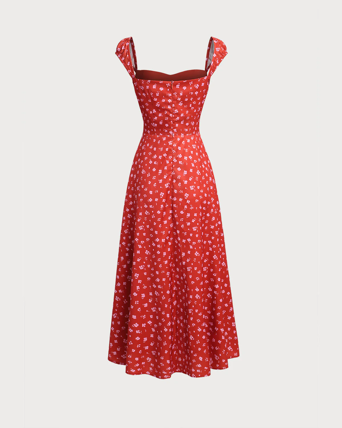 Red Floral Sweetheart Neck Cap Sleeve Midi Dress - Image 10