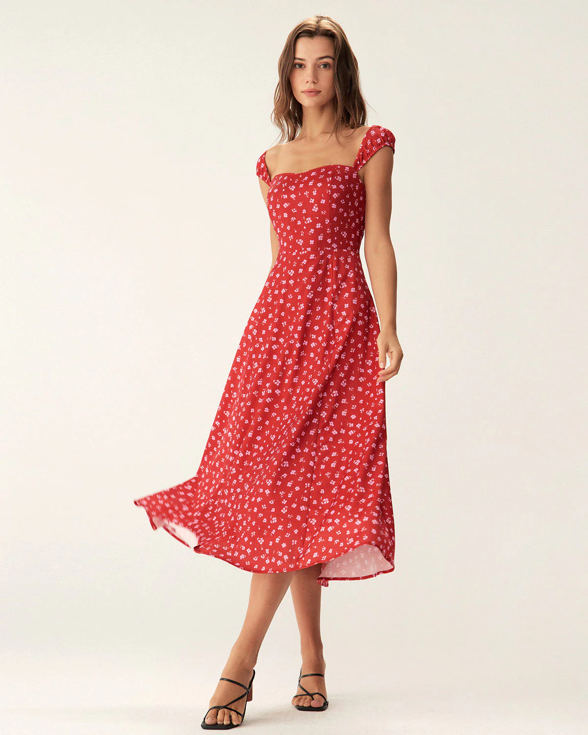 Red Floral Sweetheart Neck Cap Sleeve Midi Dress - Image 3