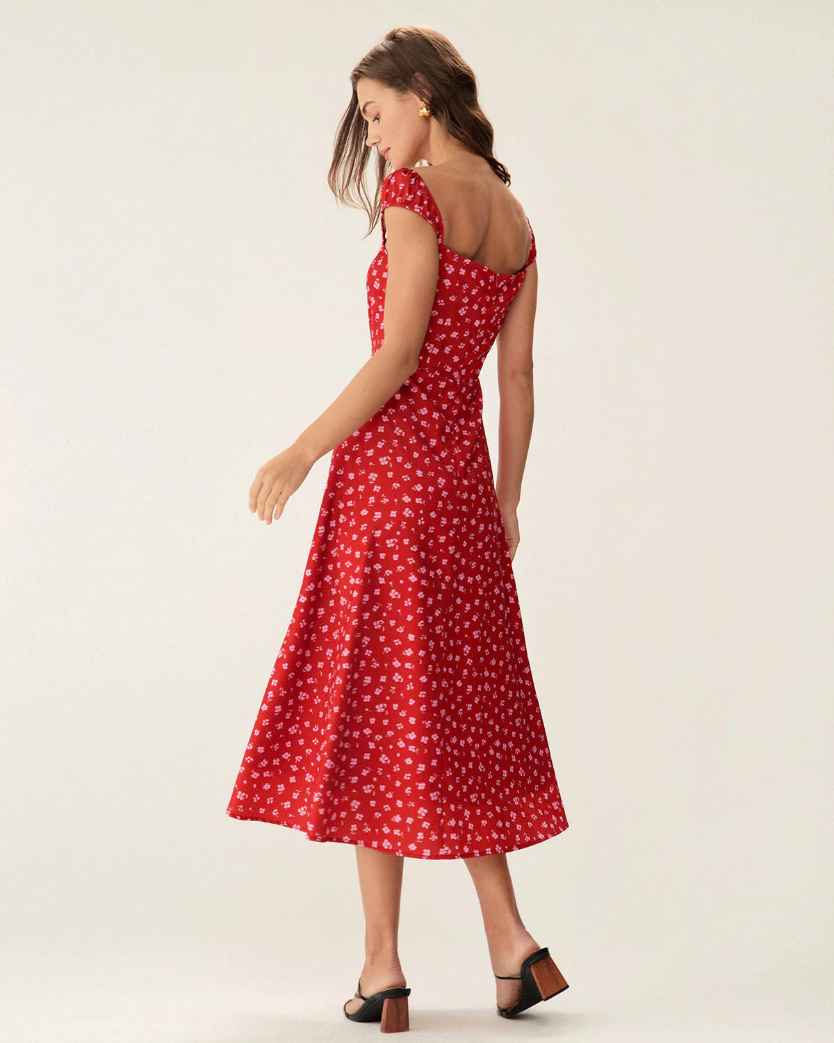 Red Floral Sweetheart Neck Cap Sleeve Midi Dress - Image 4
