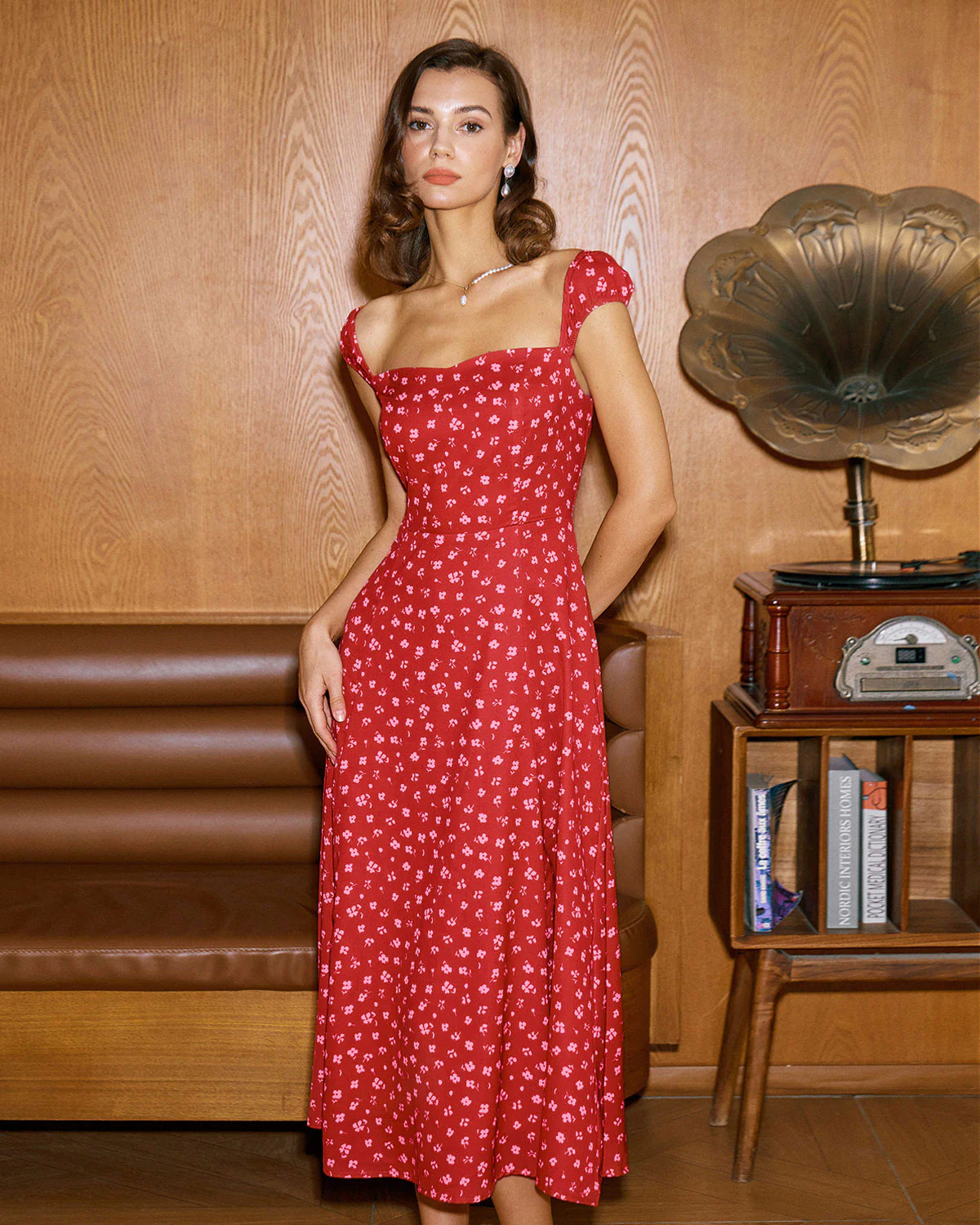 Red Floral Sweetheart Neck Cap Sleeve Midi Dress - Image 5