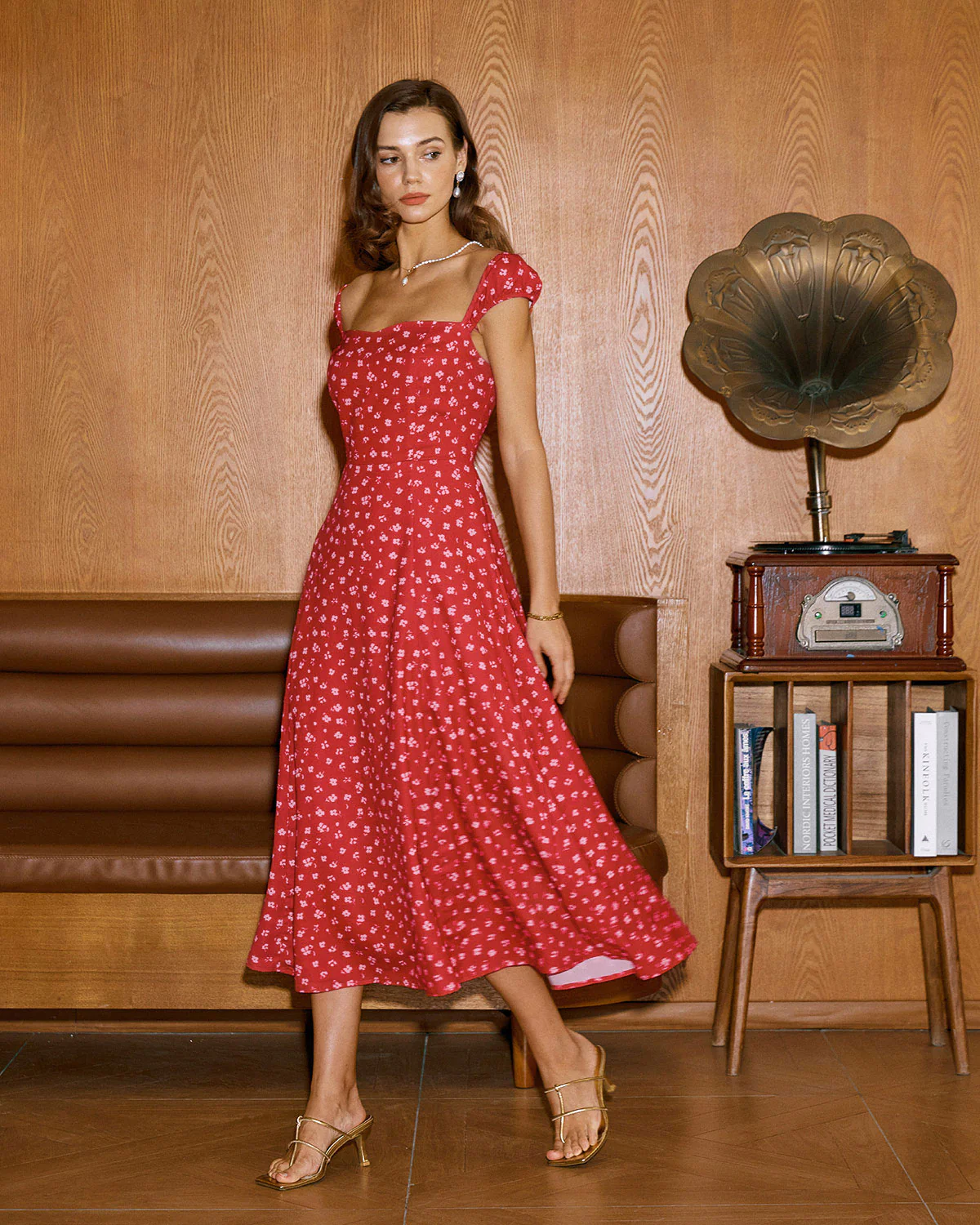 Red Floral Sweetheart Neck Cap Sleeve Midi Dress - Image 8