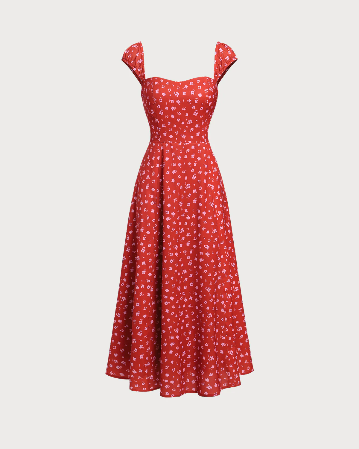 Red Floral Sweetheart Neck Cap Sleeve Midi Dress - Image 9