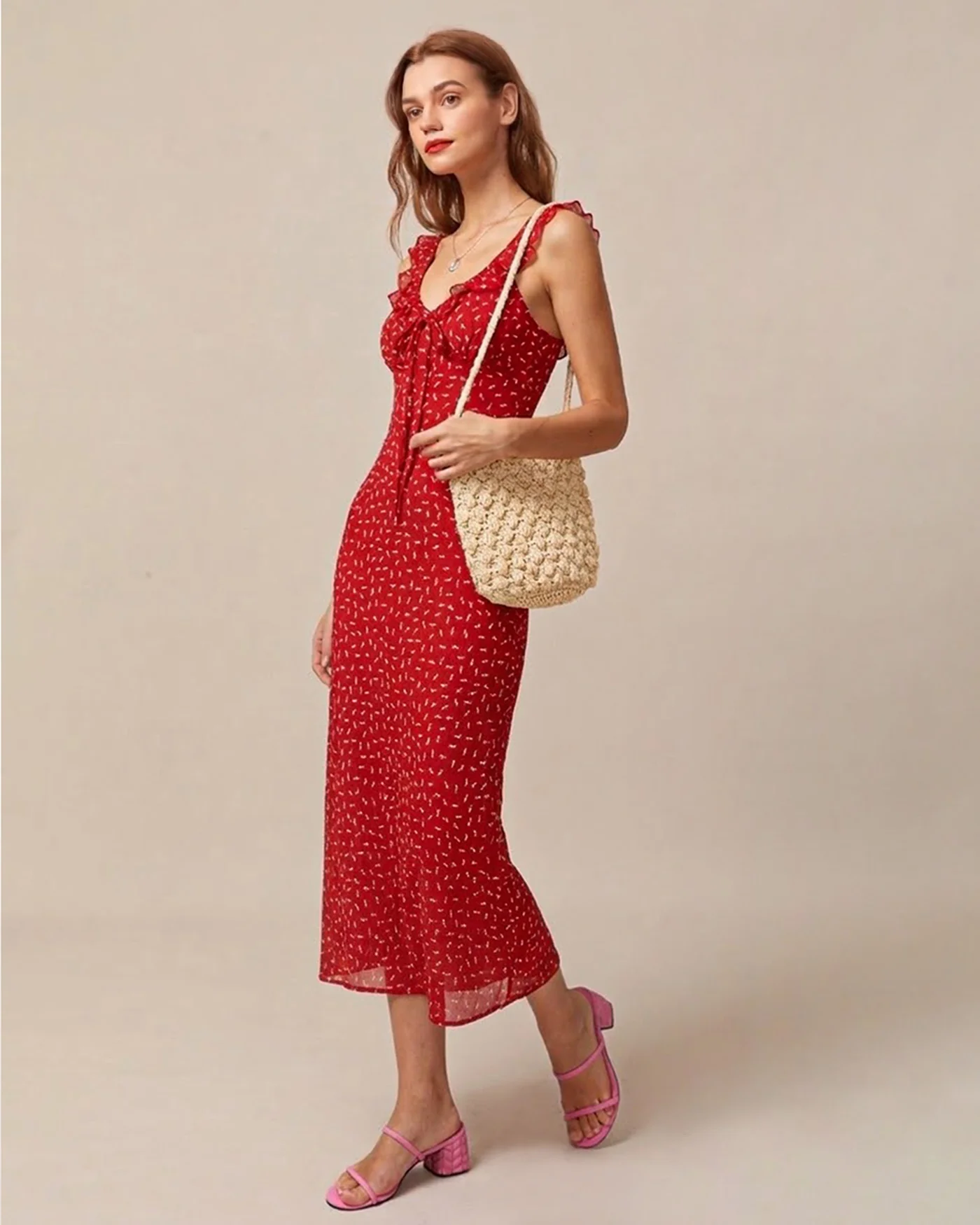 Red Floral V Neck Ruffle Maxi Dress - Image 3