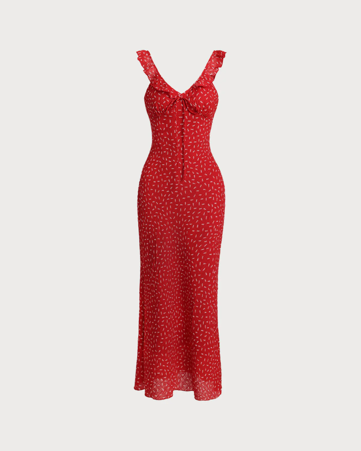 Red Floral V Neck Ruffle Maxi Dress - Image 4