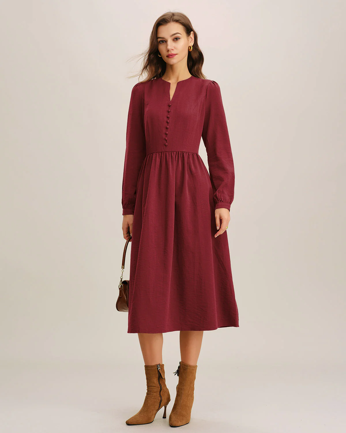 Red French Sleeve A-Line Midi Dress - Image 3