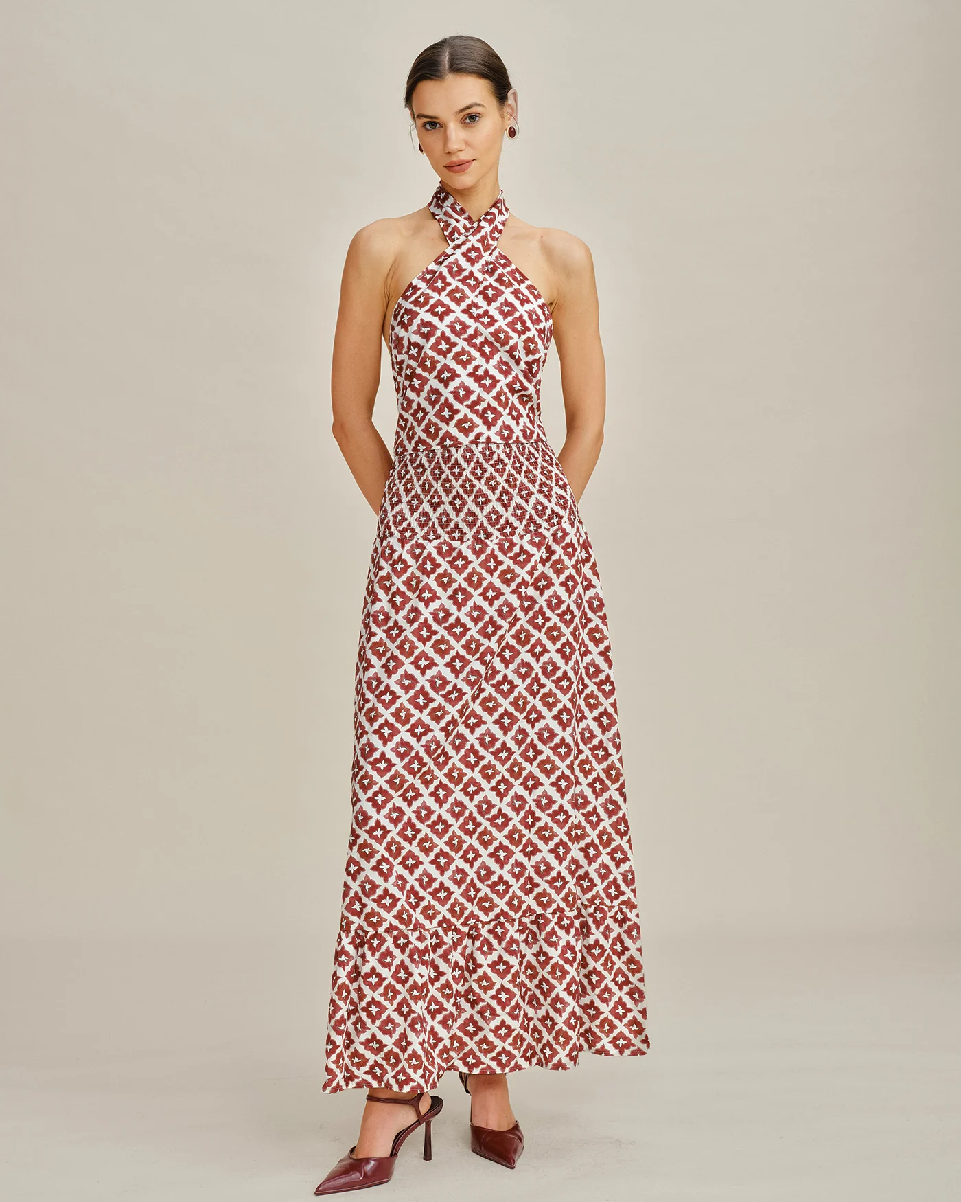 Red Halter Shirred Two-Piece Skirt Set - Image 2