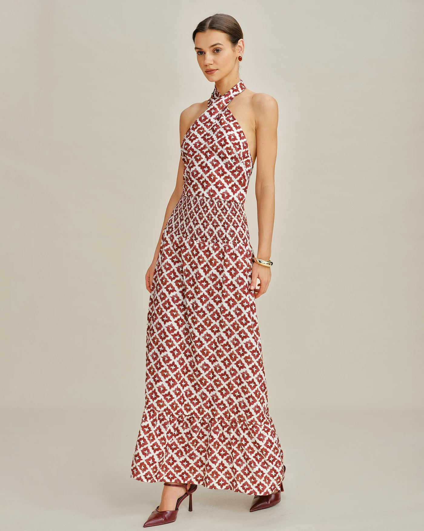 Red Halter Shirred Two-Piece Skirt Set - Image 3