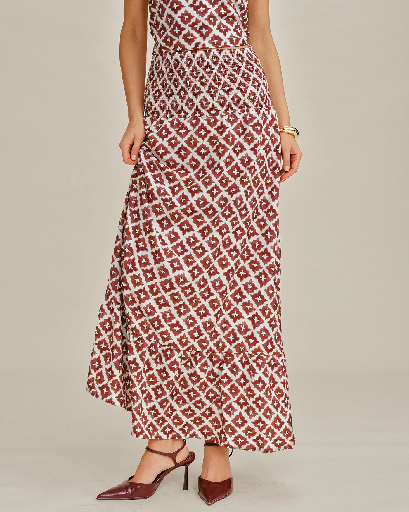 Red Halter Shirred Two-Piece Skirt Set - Image 5