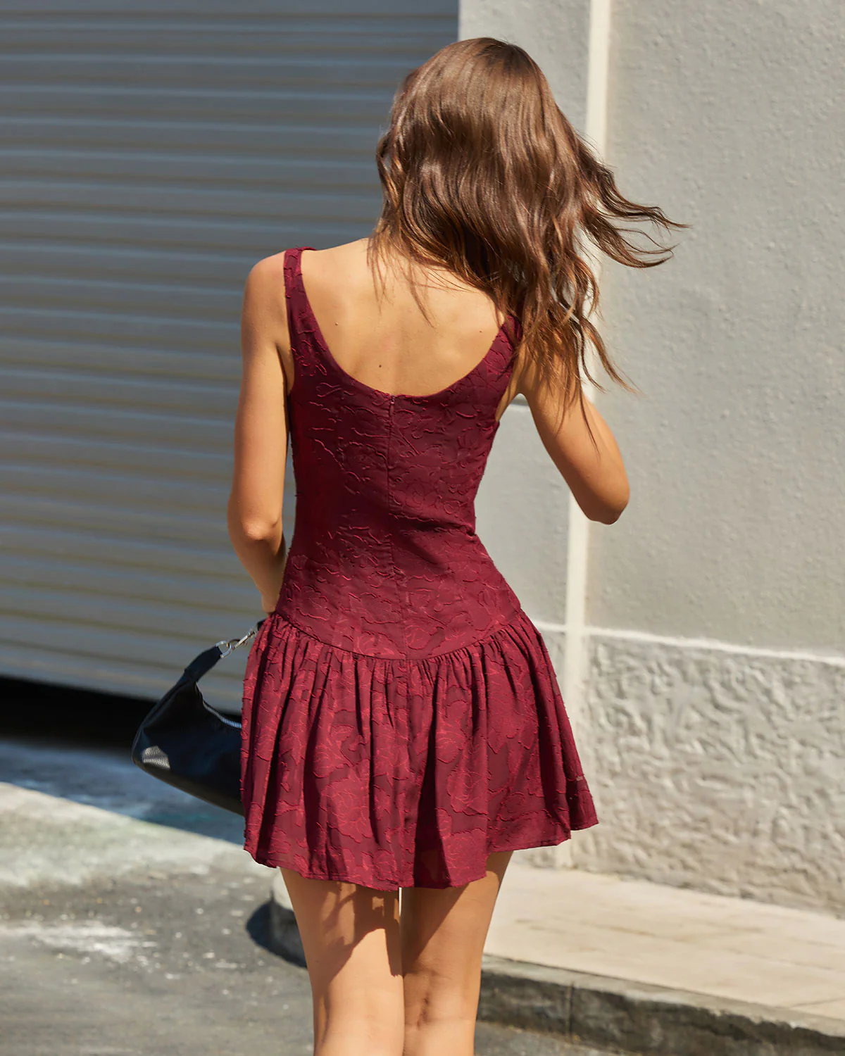 Red Jacquard Boat Neck A-Line Mini Dress - Image 5