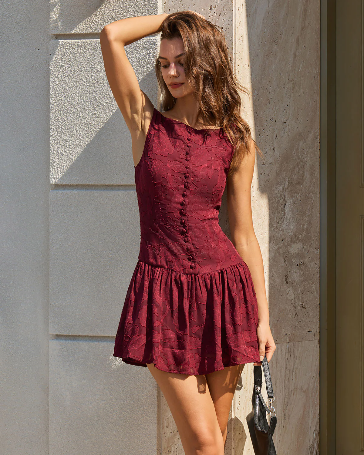 Red Jacquard Boat Neck A-Line Mini Dress - Image 6