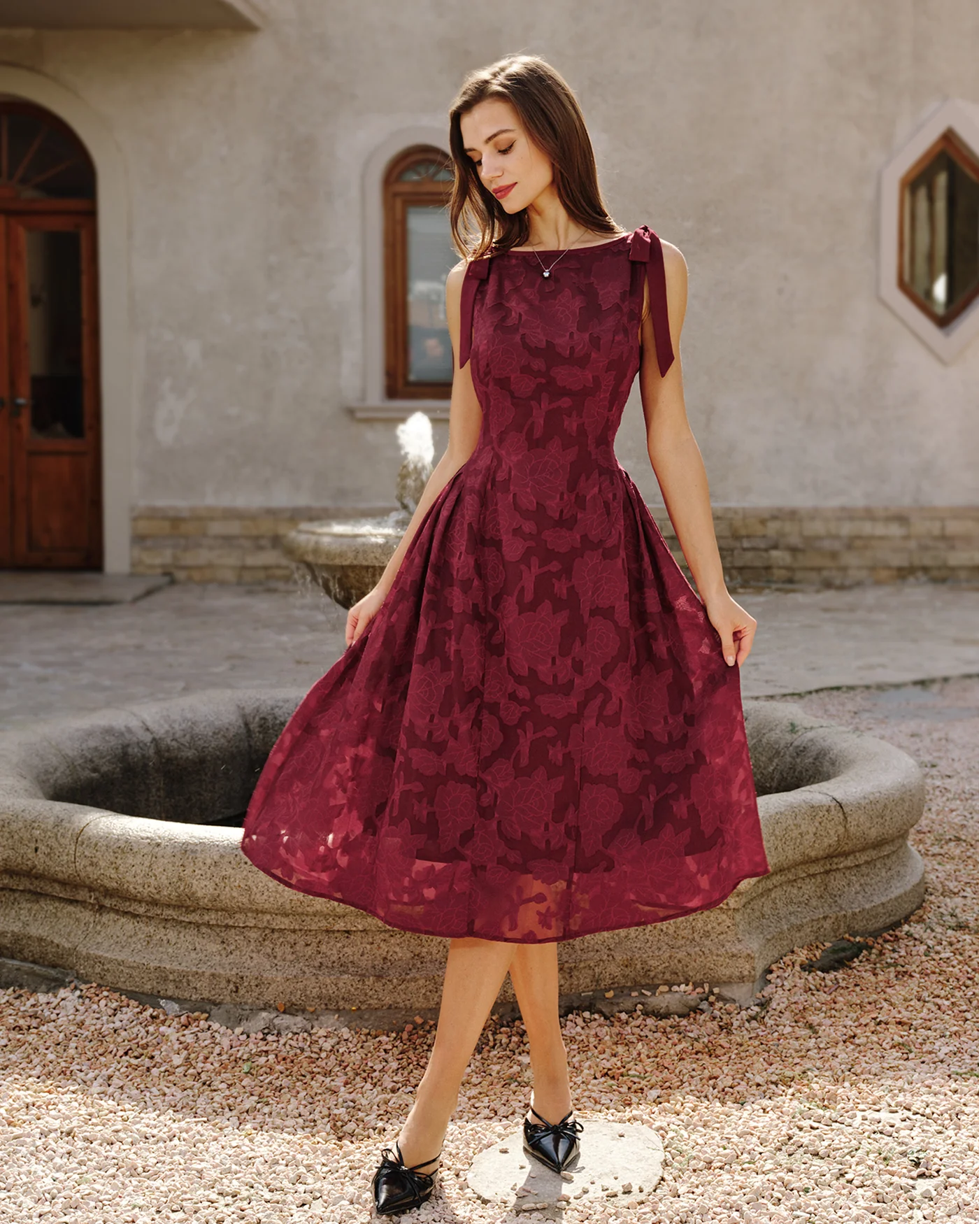 Red Jacquard Chiffon Midi Dress - Image 2