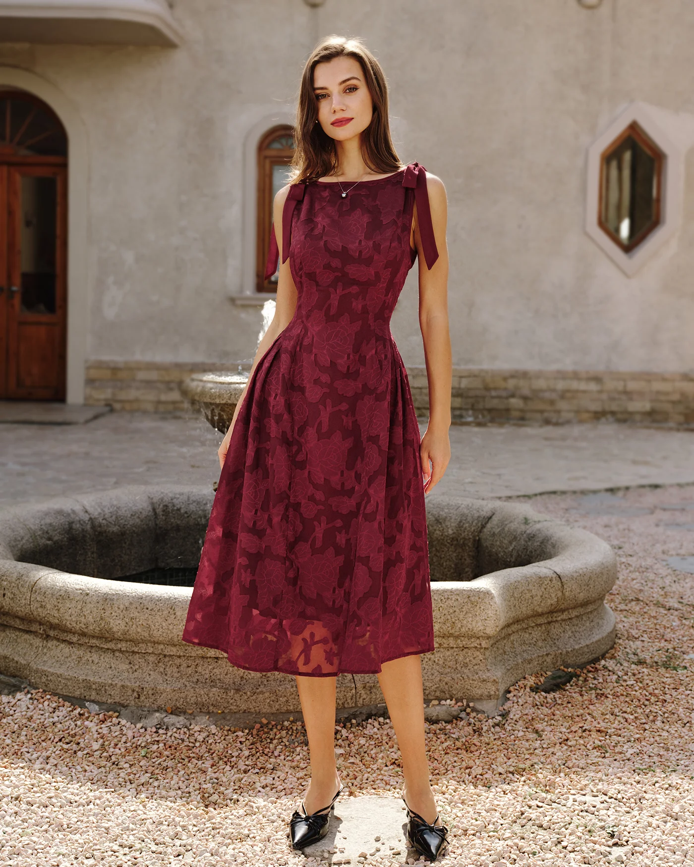 Red Jacquard Chiffon Midi Dress - Image 3