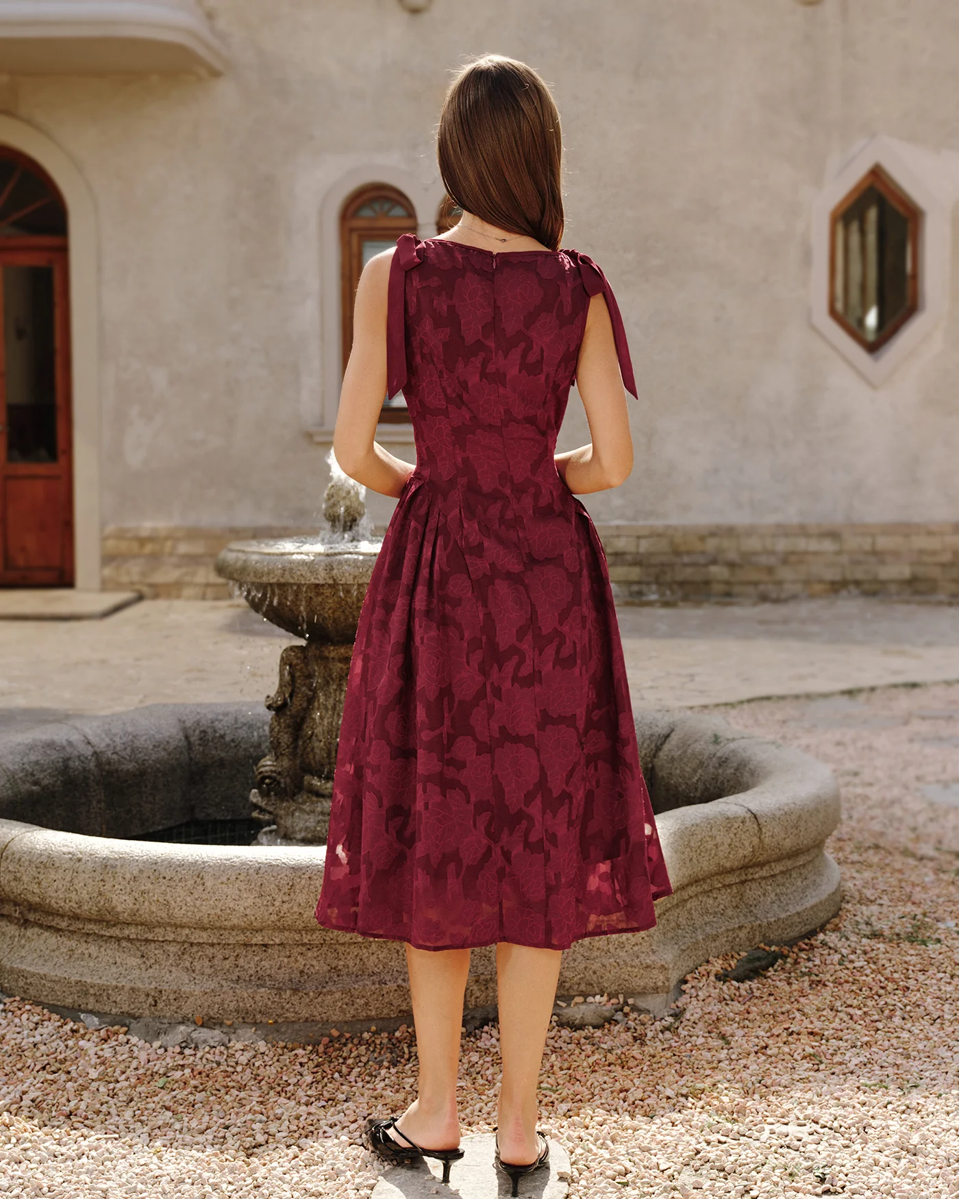 Red Jacquard Chiffon Midi Dress - Image 4