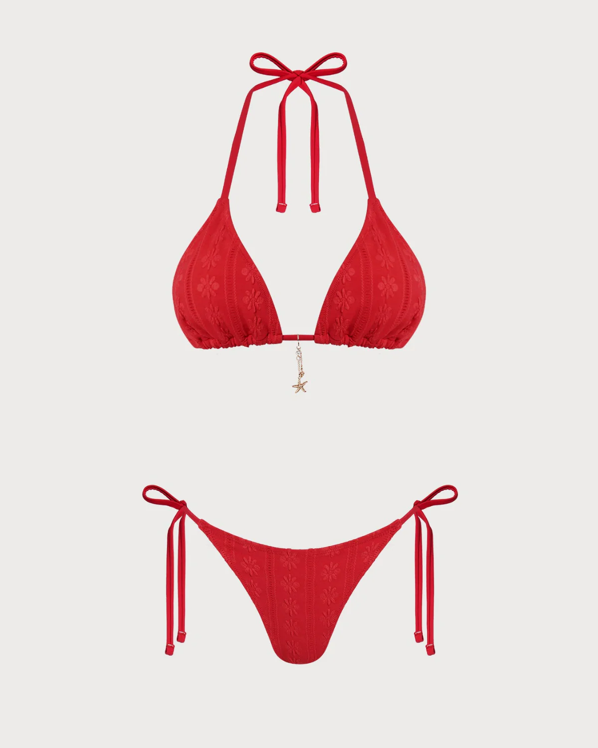 Red Jacquard Halter Drawstring Bikini Set - Image 2