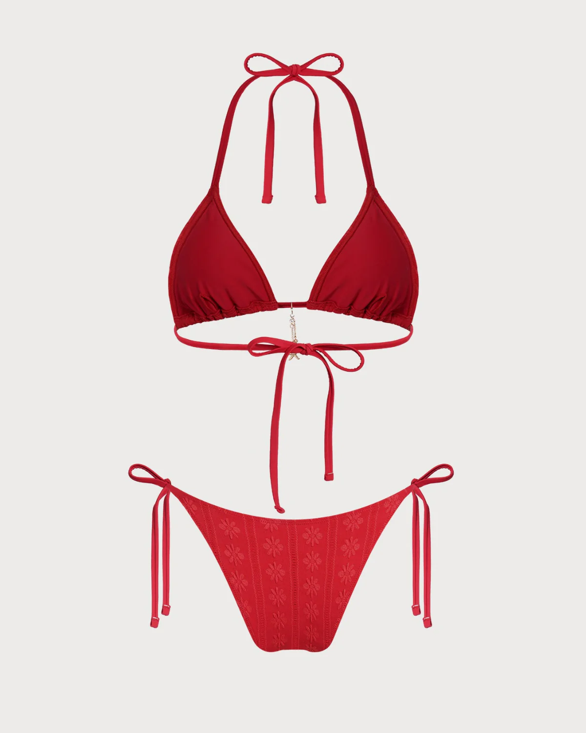 Red Jacquard Halter Drawstring Bikini Set - Image 3