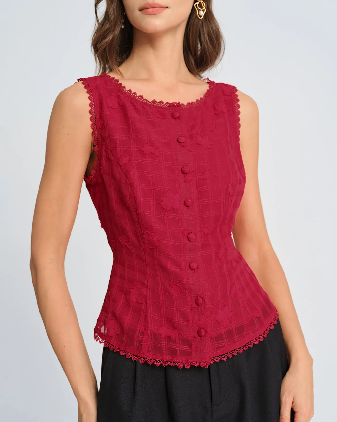Red Jacquard Round Neck Vest - Image 2