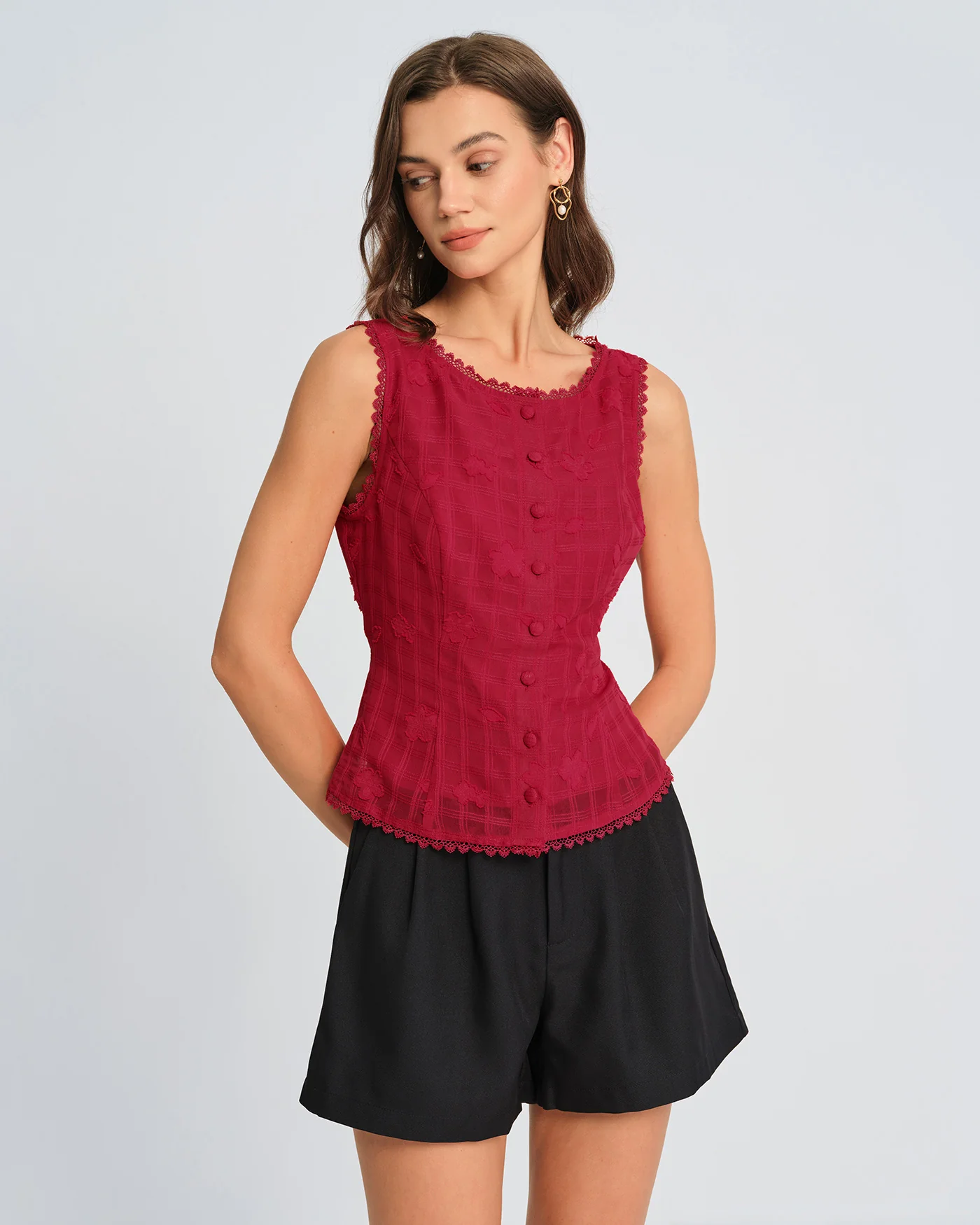 Red Jacquard Round Neck Vest - Image 4
