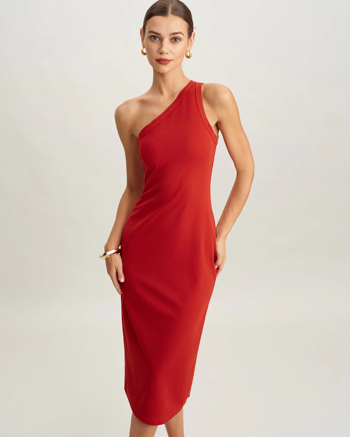 Red Knit One shoulder Midi Dress - Image 3