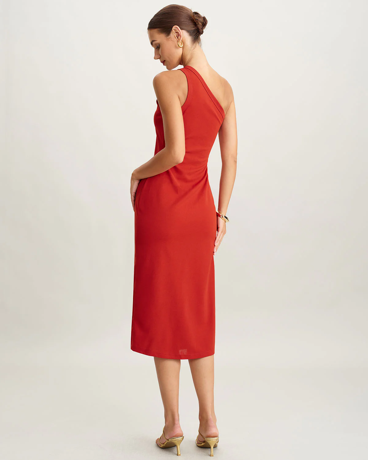 Red Knit One shoulder Midi Dress - Image 5