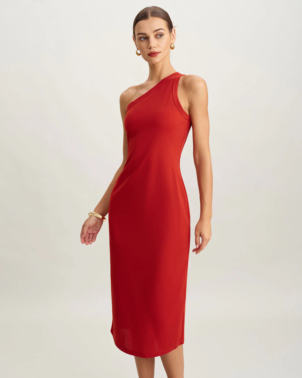 Red Knit One shoulder Midi Dress - Image 6