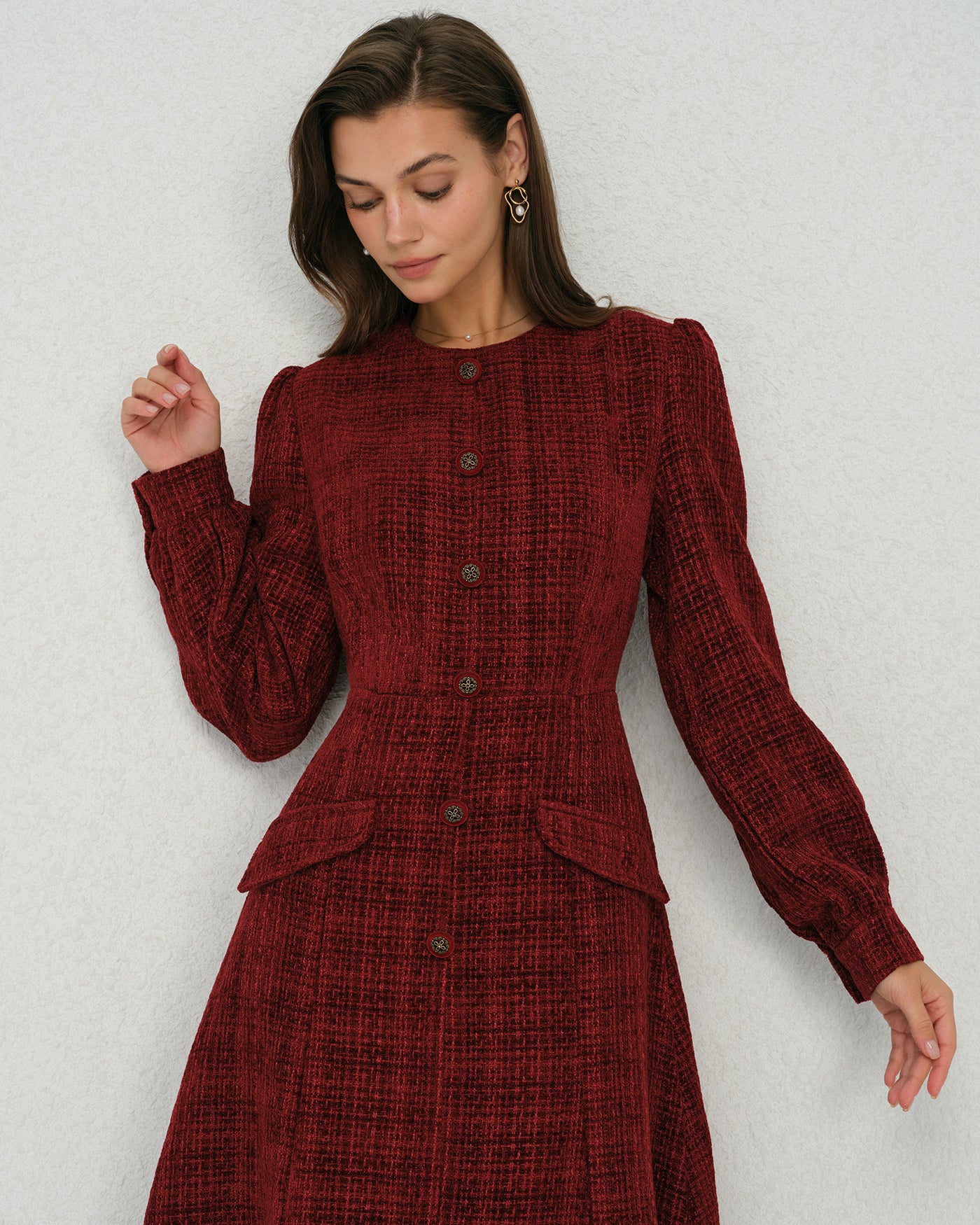 Red Lantern Sleeve A-Line Midi Dress - Image 2