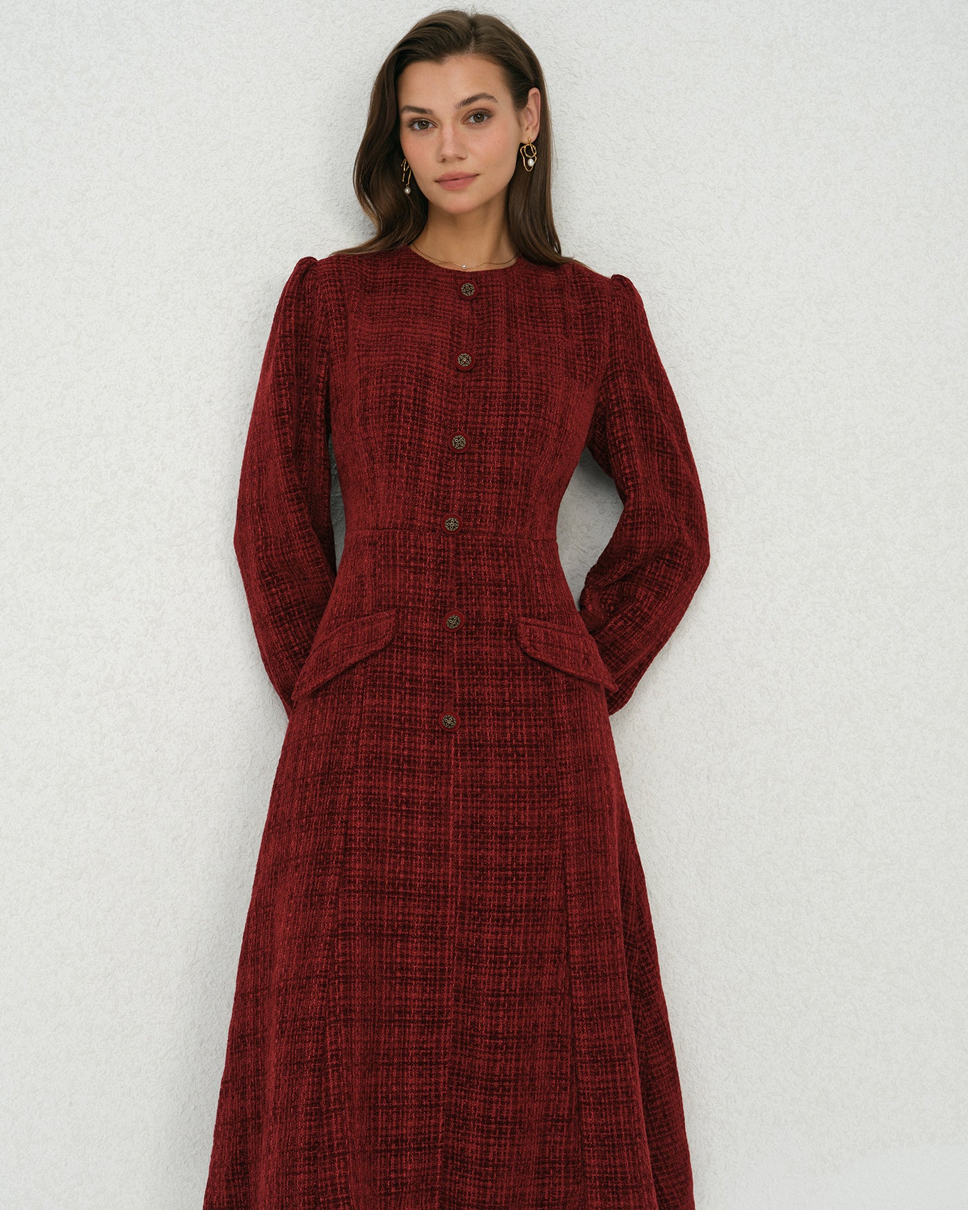 Red Lantern Sleeve A-Line Midi Dress - Image 3