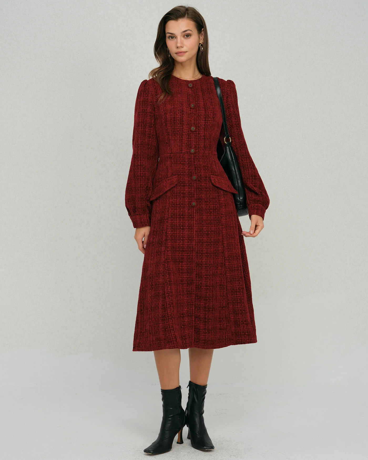 Red Lantern Sleeve A-Line Midi Dress - Image 4