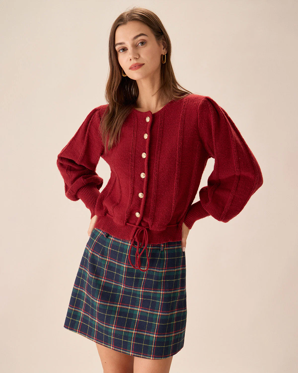 Red Lantern Sleeve Single-Breasted Cardigan - Image 3