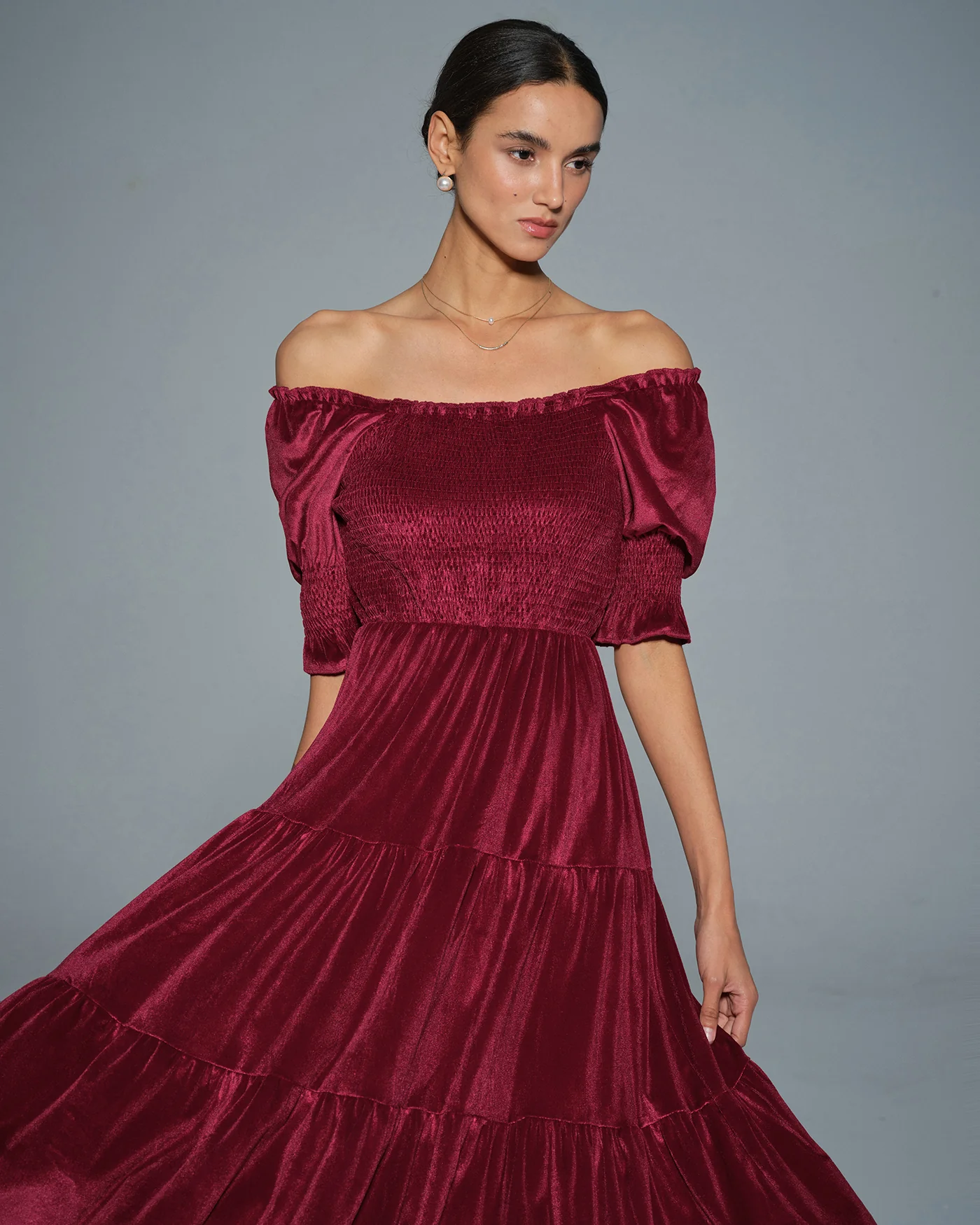 Red Lantern Sleeve U Neck A-Line Midi Dress - Image 2