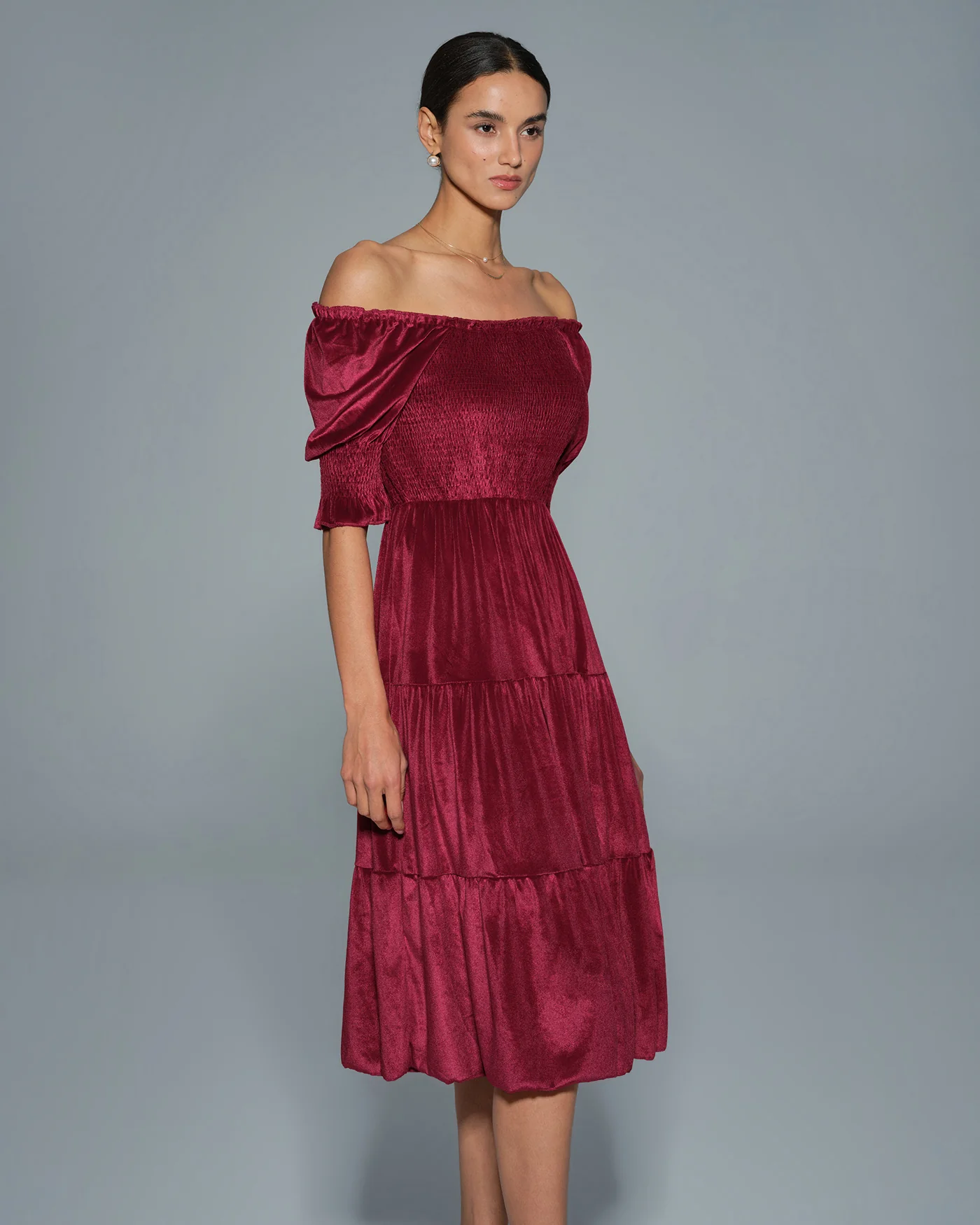 Red Lantern Sleeve U Neck A-Line Midi Dress - Image 3