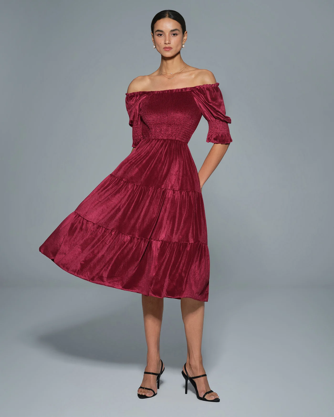 Red Lantern Sleeve U Neck A-Line Midi Dress - Image 4