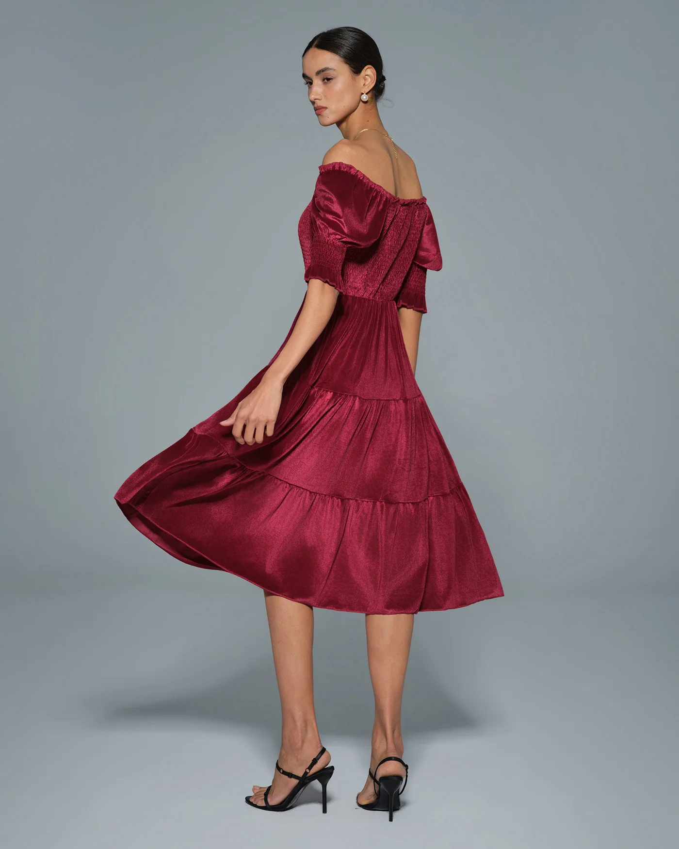 Red Lantern Sleeve U Neck A-Line Midi Dress - Image 5