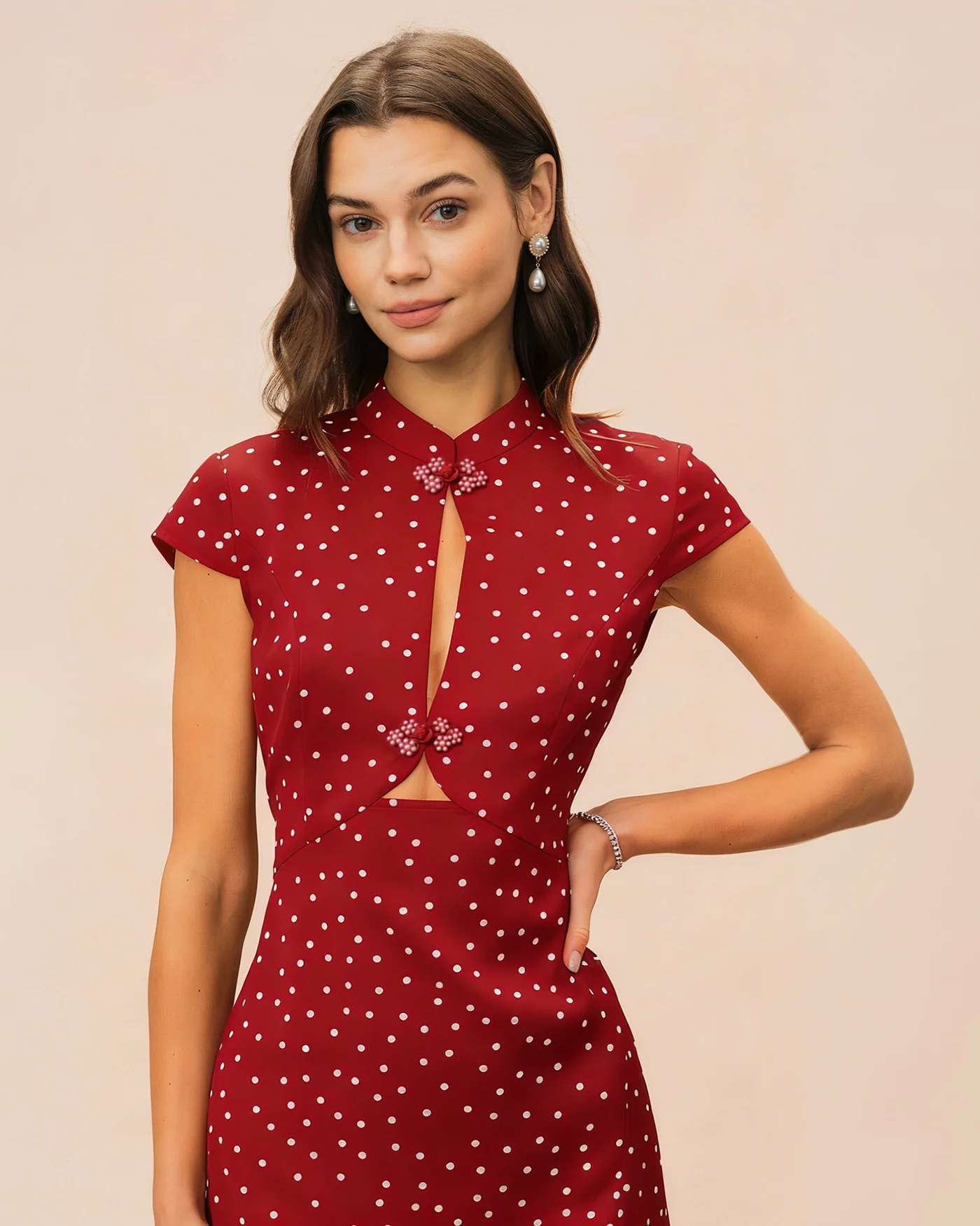 Red Mandarin Collar Polka Dot Midi Dress - Image 2
