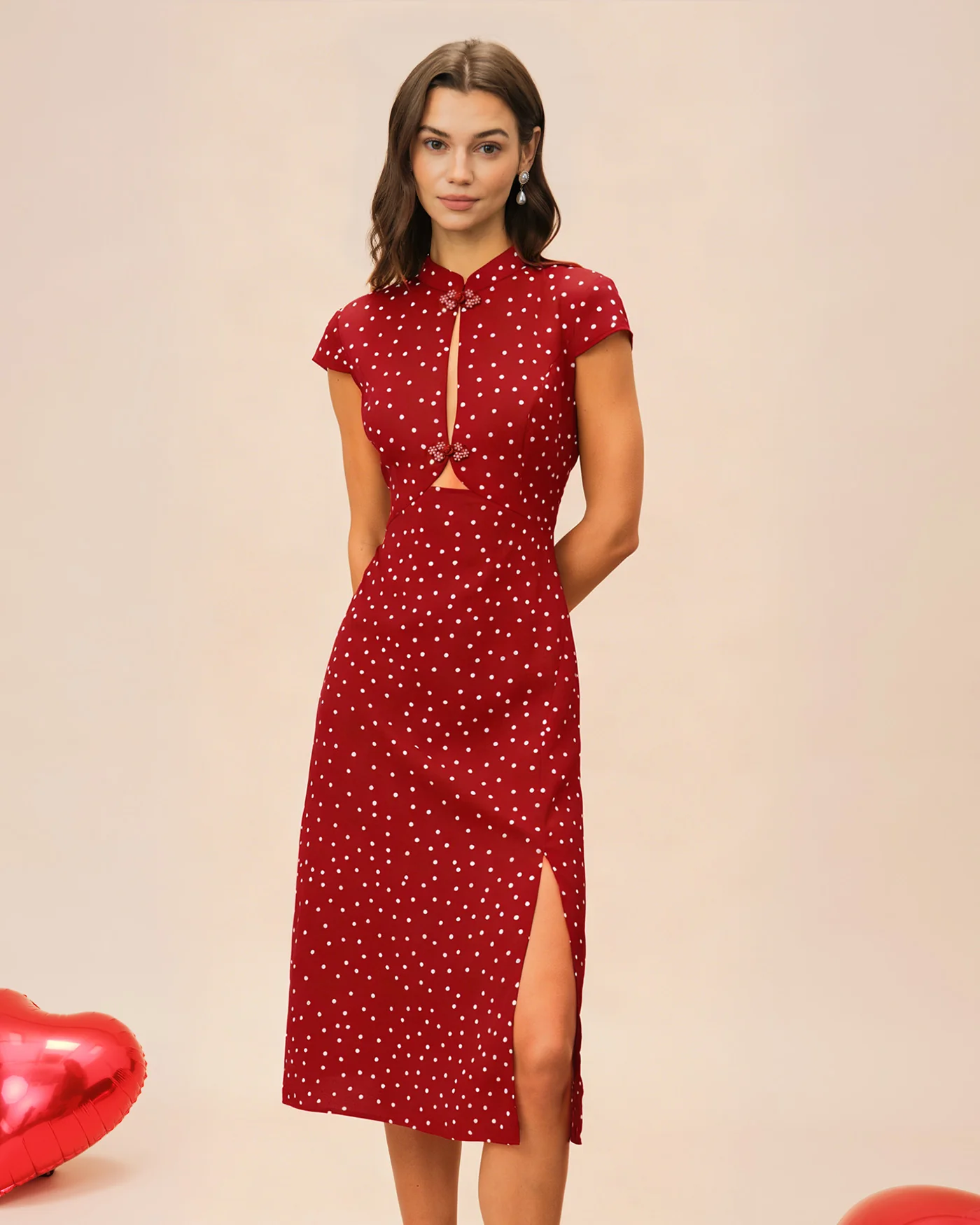 Red Mandarin Collar Polka Dot Midi Dress - Image 3