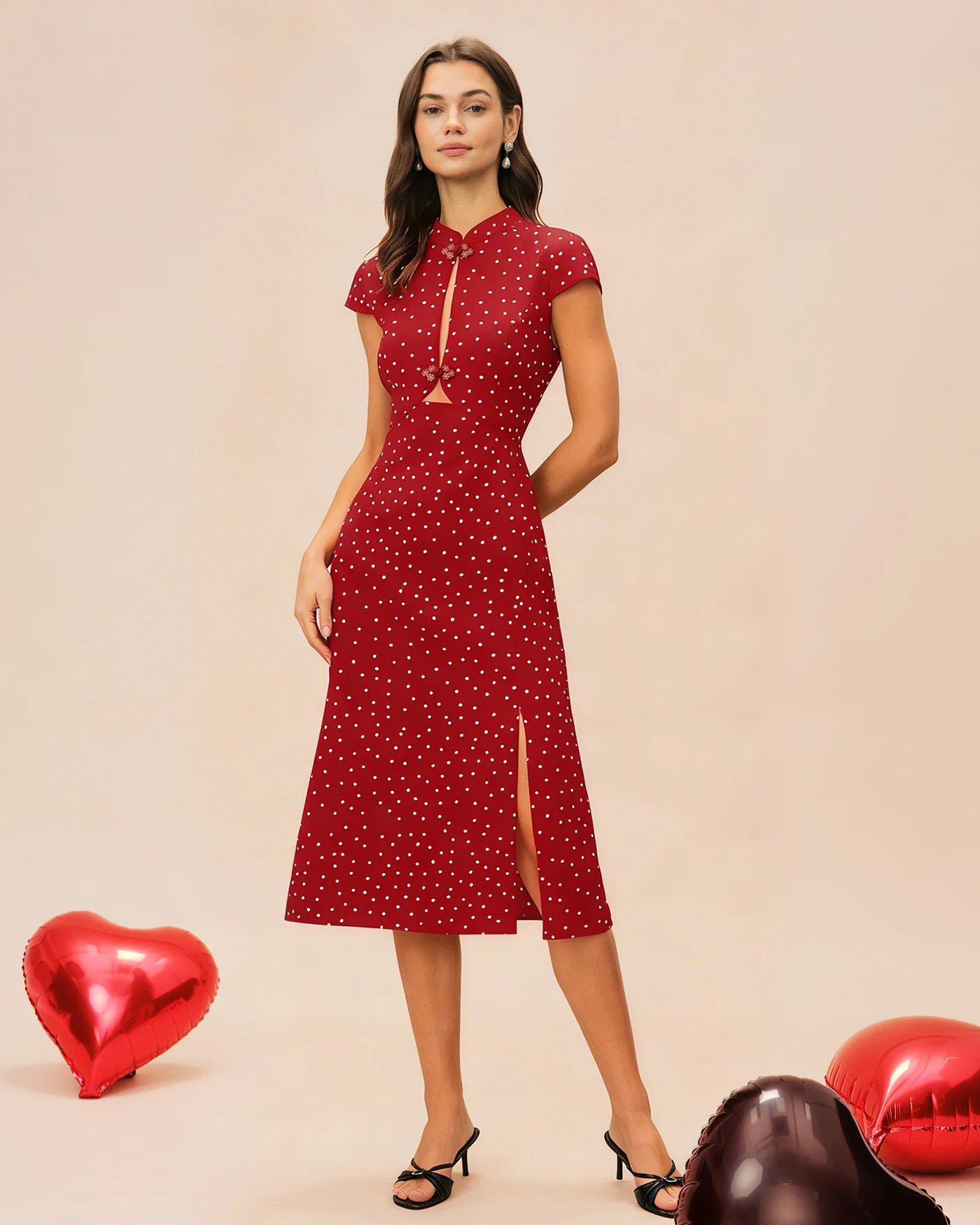 Red Mandarin Collar Polka Dot Midi Dress - Image 4