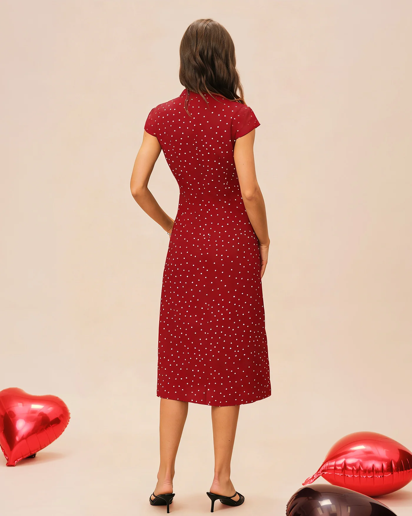 Red Mandarin Collar Polka Dot Midi Dress - Image 5