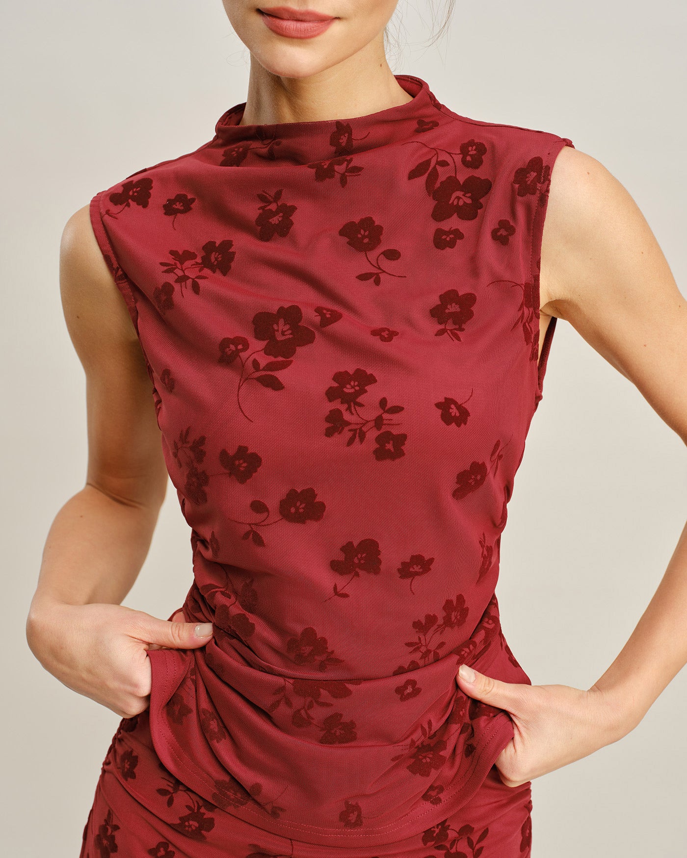 Red Mock Neck Floral Tank Top - Image 3