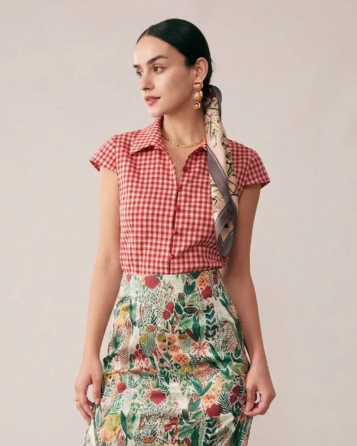 Red Plaid Cap Sleeve Button Blouse - Image 3