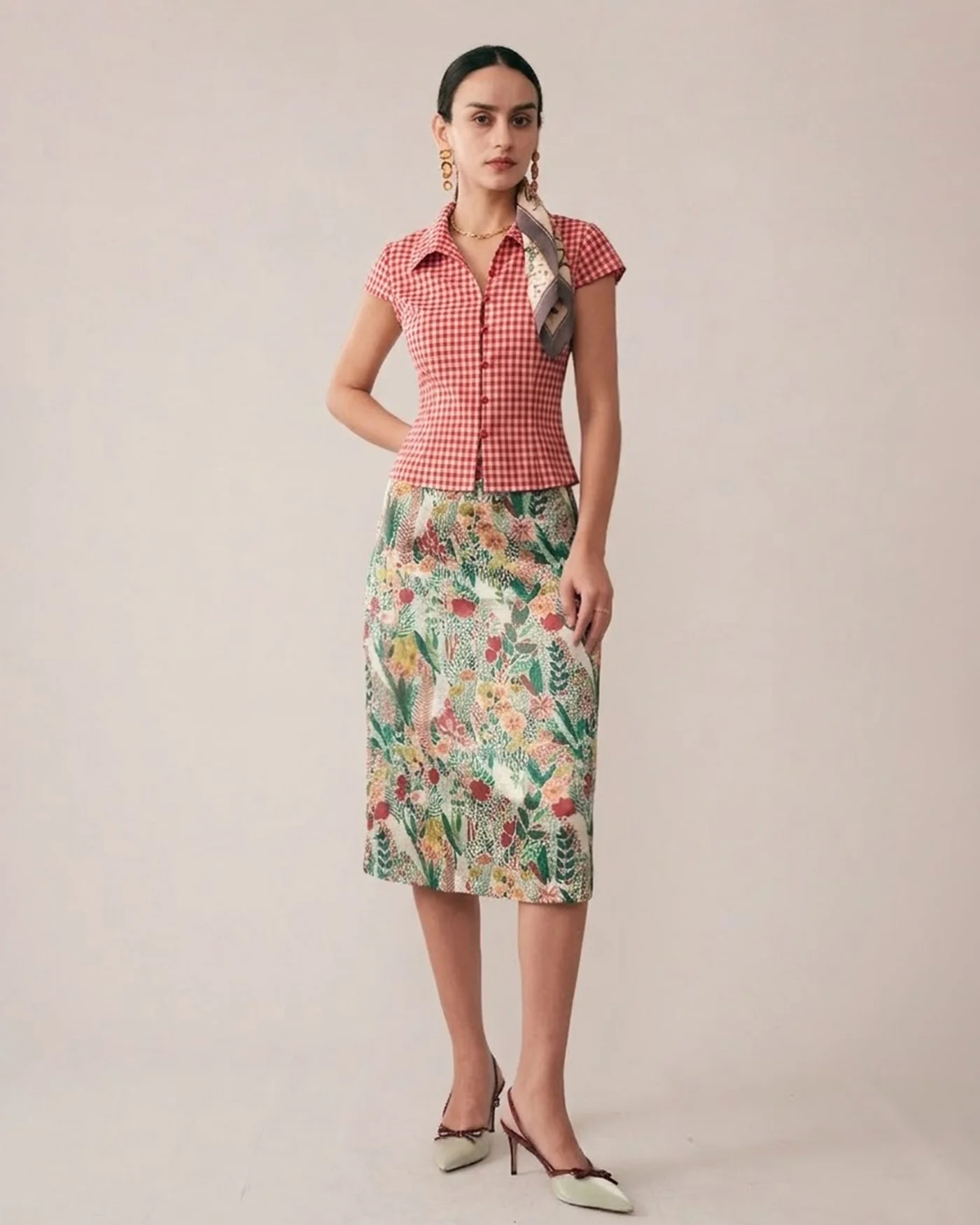 Red Plaid Cap Sleeve Button Blouse - Image 4