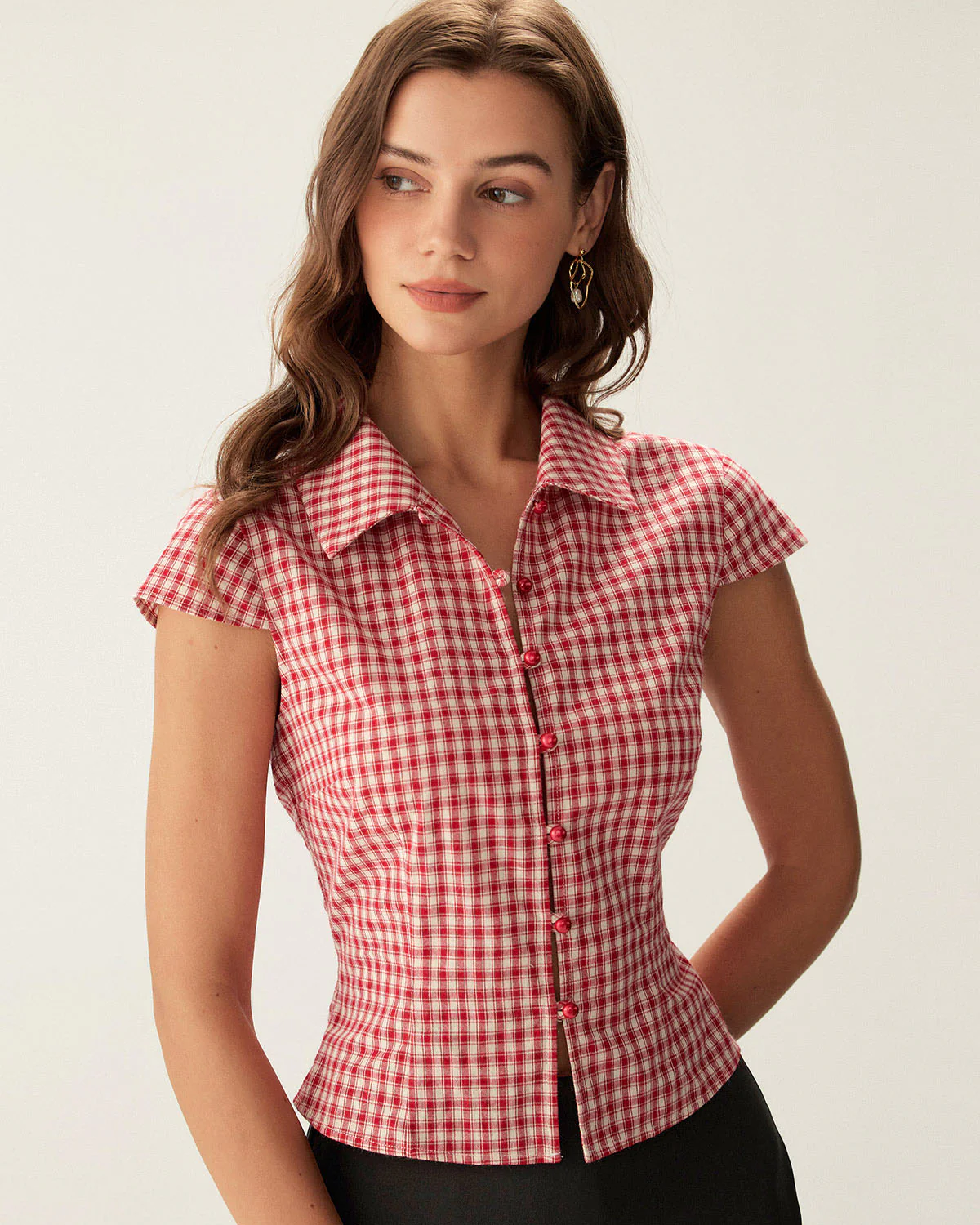 Red Plaid Cap Sleeve Button Blouse - Image 5