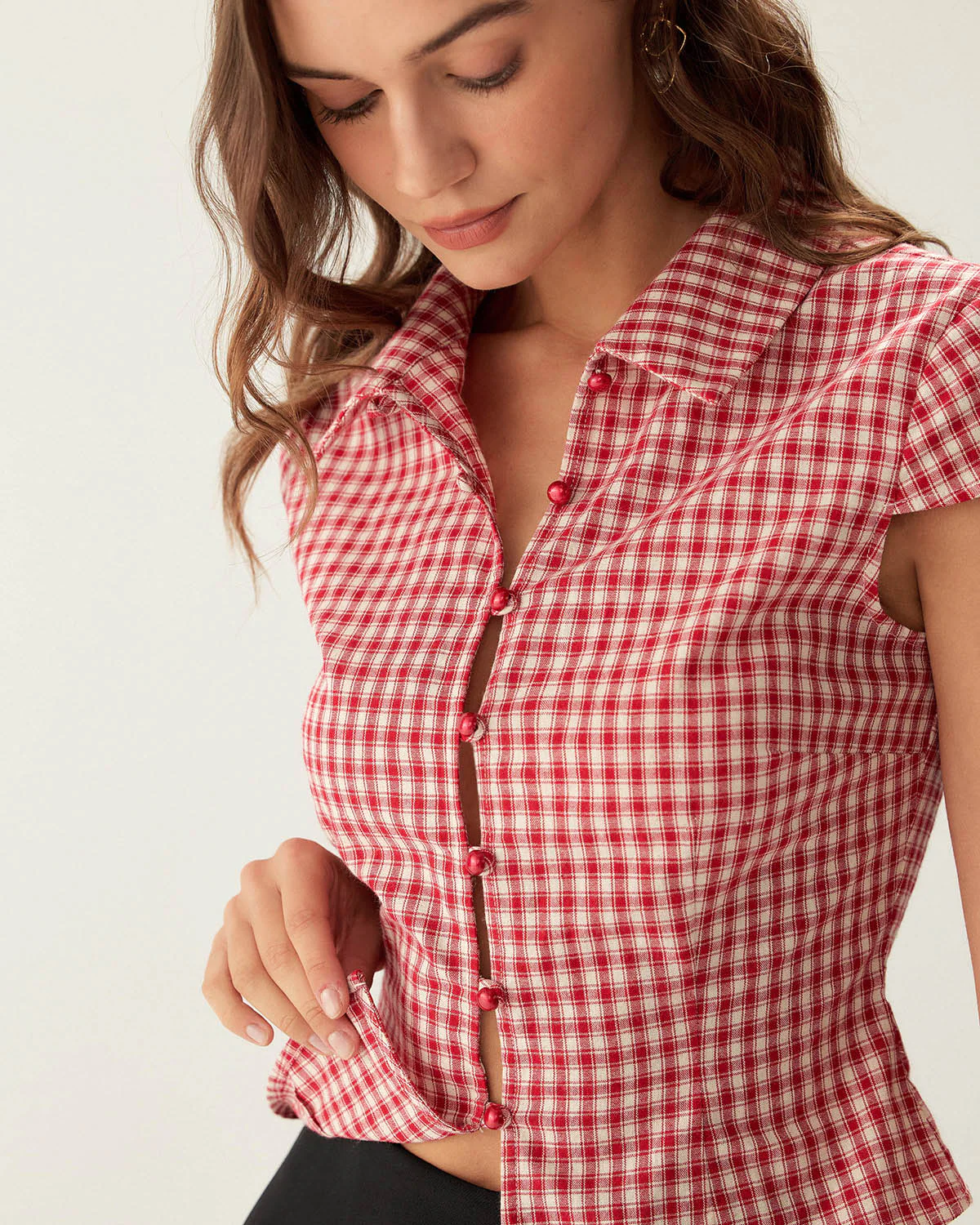 Red Plaid Cap Sleeve Button Blouse - Image 6