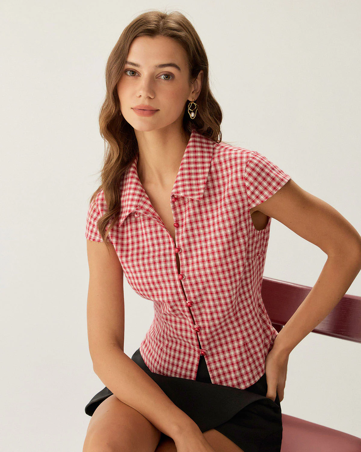 Red Plaid Cap Sleeve Button Blouse - Image 7