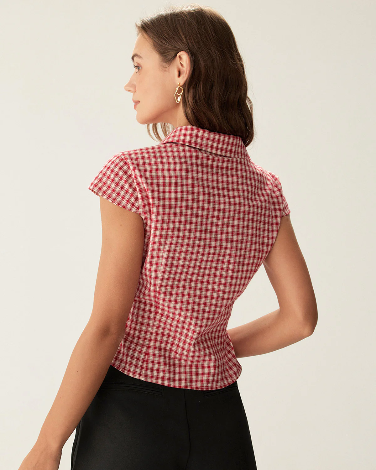 Red Plaid Cap Sleeve Button Blouse - Image 8