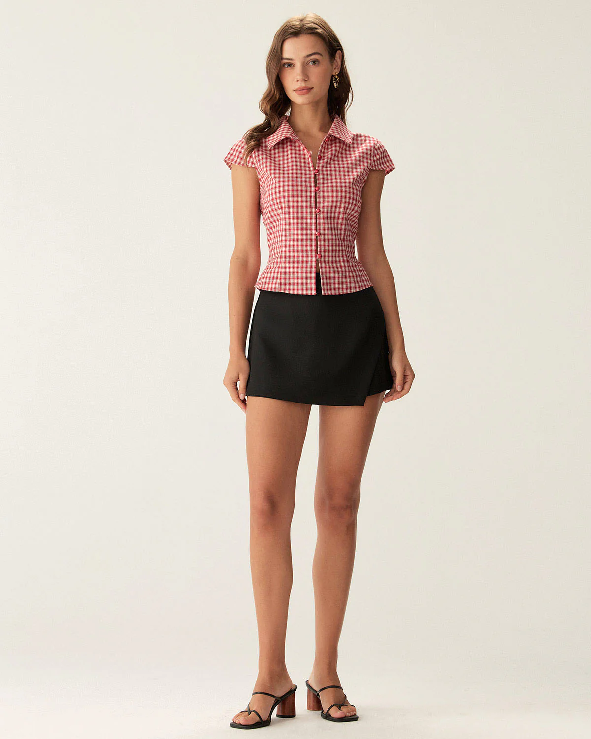 Red Plaid Cap Sleeve Button Blouse - Image 9