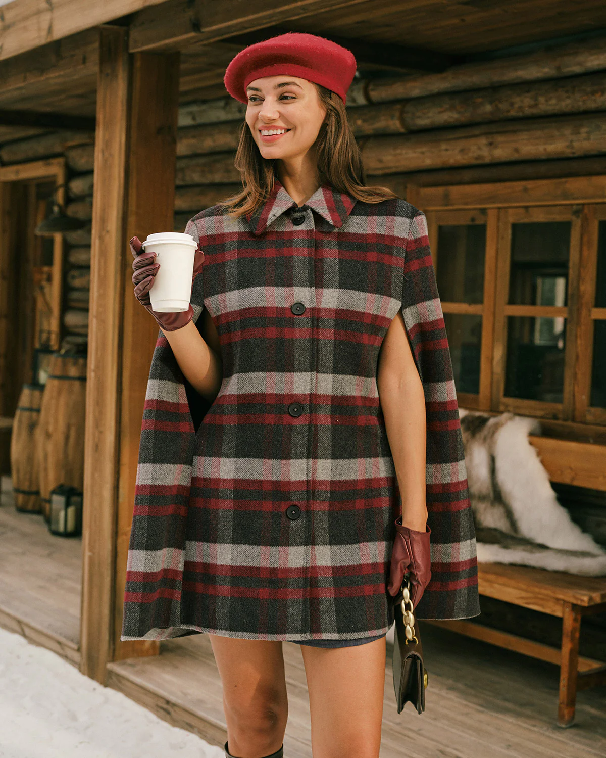 Red Plaid Cape Sleeve Coat - Image 2